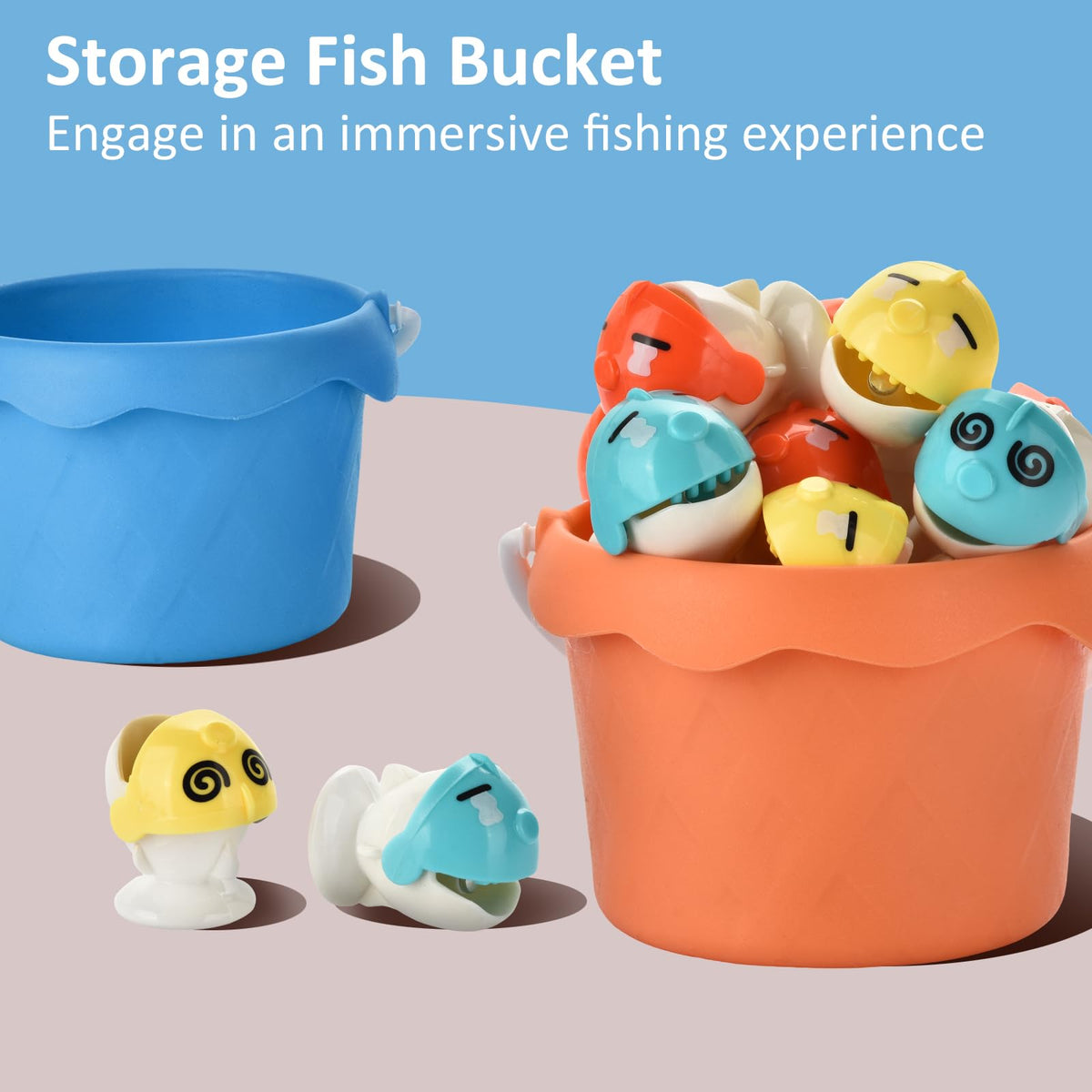 Four fish buckets help organize catches and encourage sharing