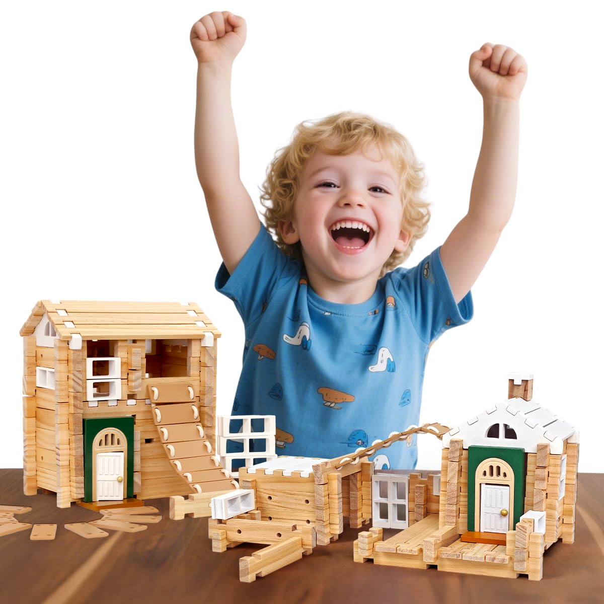 Jovi-mindly 107-pcs wooden blocks with door and windows for open-ended construction.