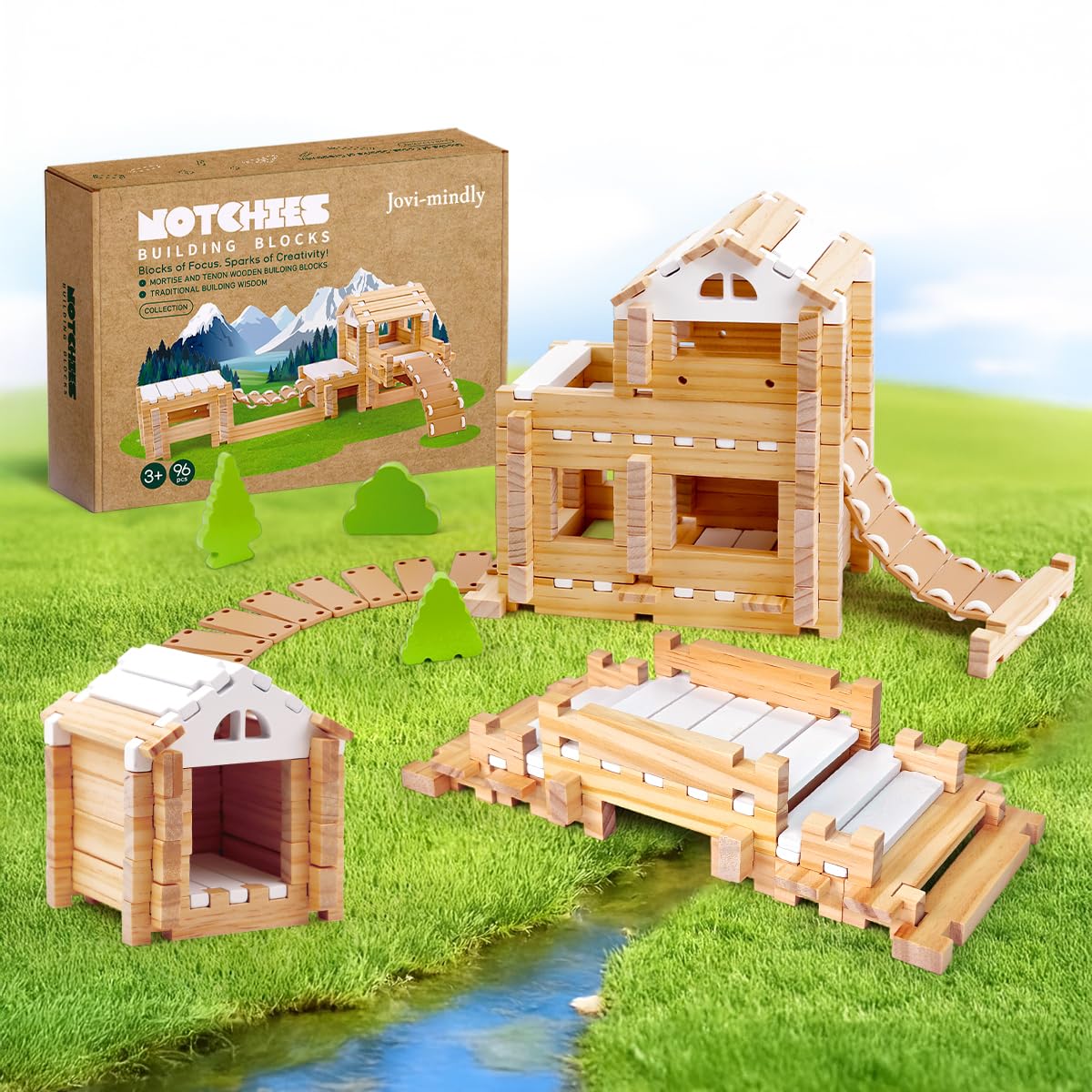 Jovi-mindly 96-pcs wooden blocks set for creative building and screen-free play