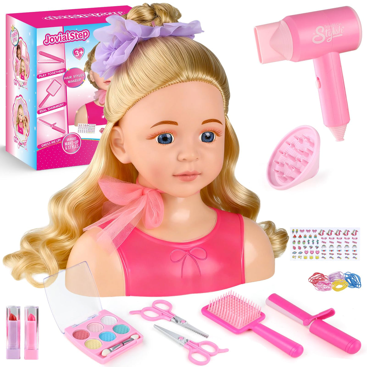 JovialStep doll head hair styling kit with brushable blonde hair for imaginative styling