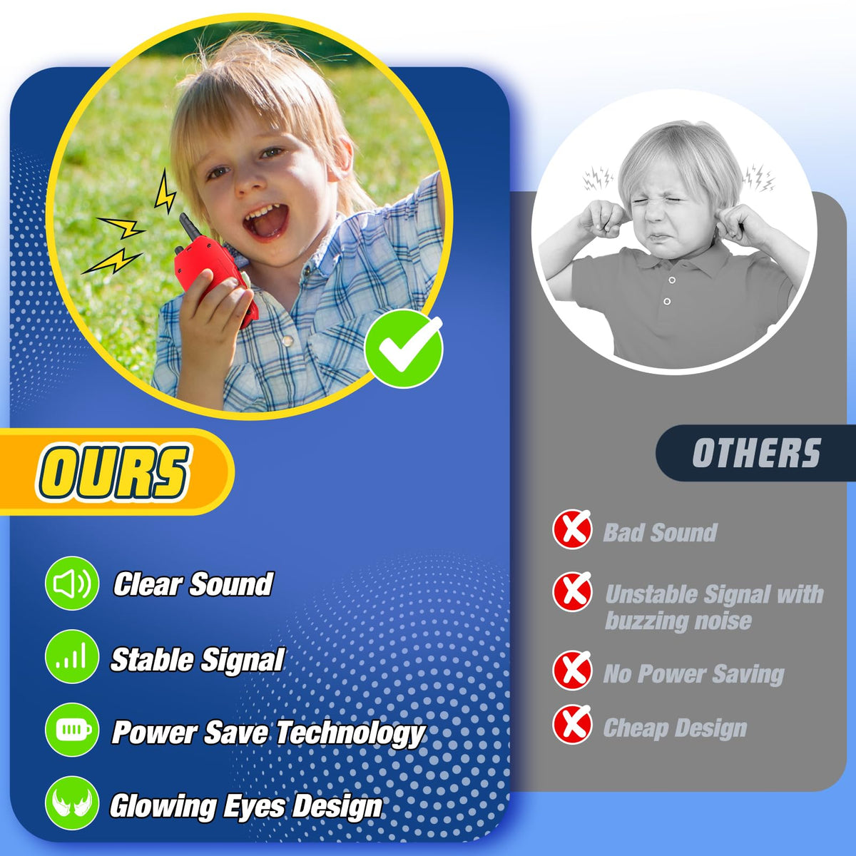 JovialToyz walkie talkies ergonomic handle for comfortable play sessions.