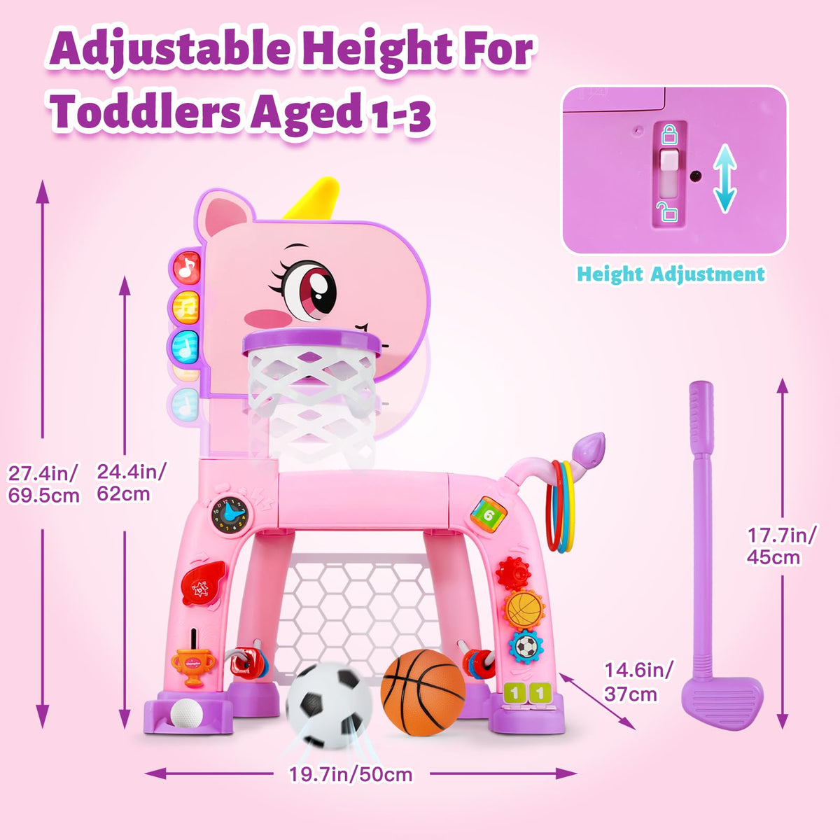 Jovizo 4-in-1 golf ball and club; introduces multi-sport pretend play for toddlers.