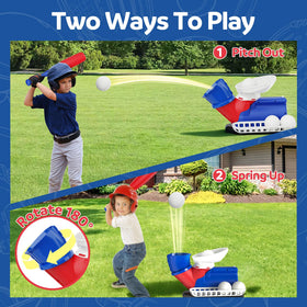 Jovizo baseball hitting trainer with bat and four balls for extended practice sessions.