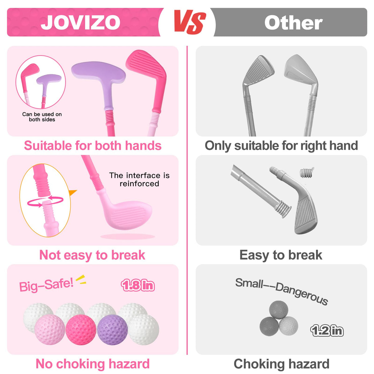 Jovizo toddler golf clubs shown with detachable heads for versatile use