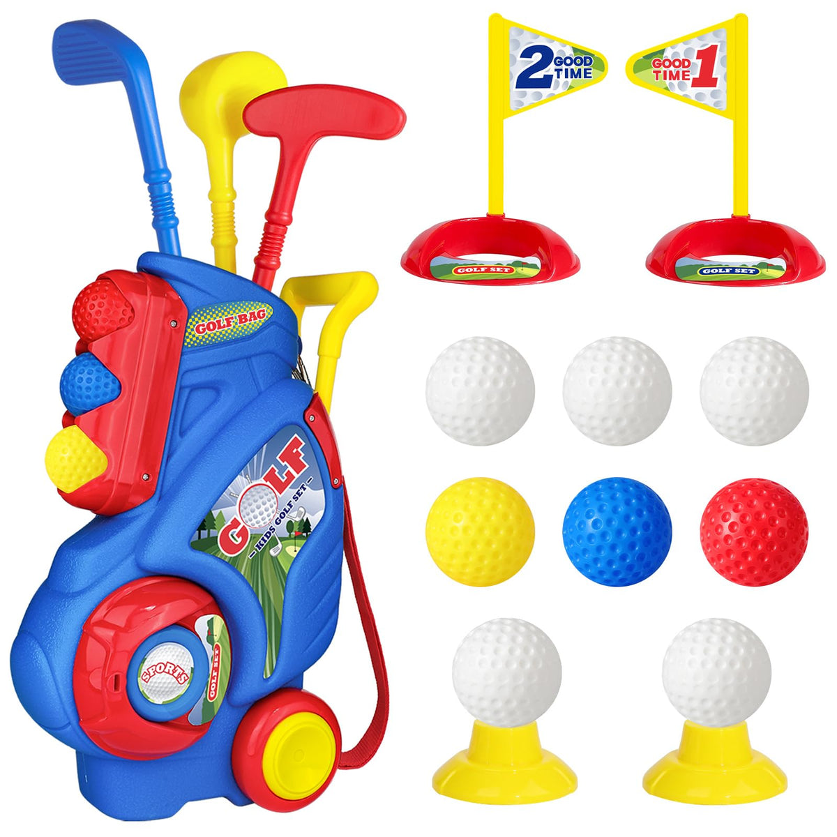 Jovizo toddler golf cart with retractable handle for easy transport by little players.