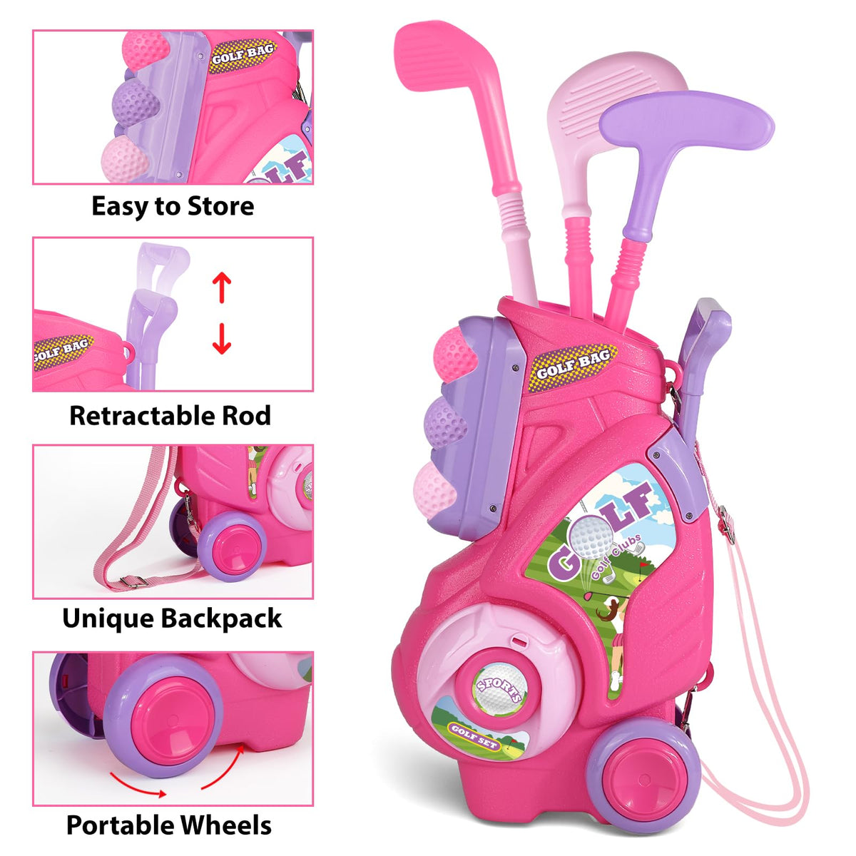 Jovizo pink putter and clubs for kid-friendly practice