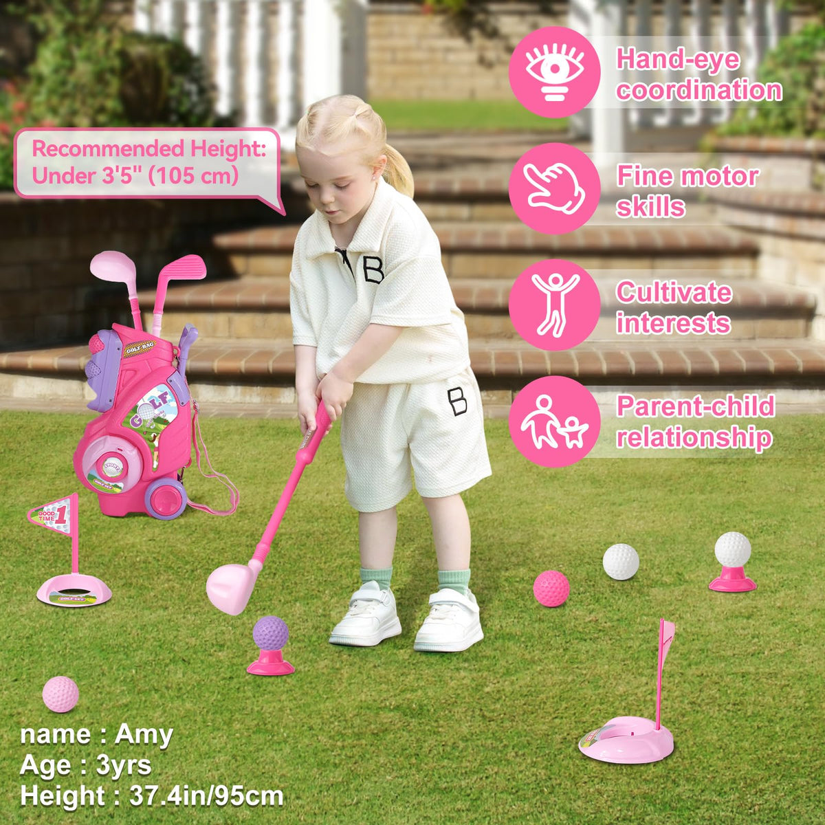 Jovizo golf tees displayed with pink set for kid-friendly practice