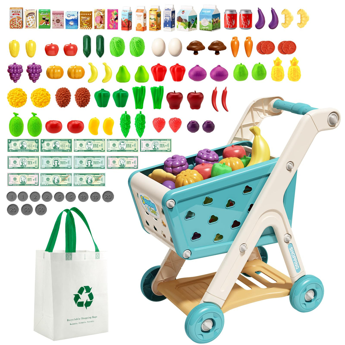Jovow 102pcs shopping cart with pretend food enhances imaginative play.