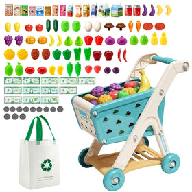 Jovow 102pcs shopping cart with pretend food enhances imaginative play.