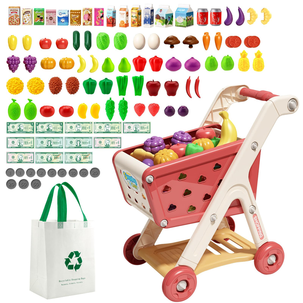 Jovow 102pcs shopping cart with pretend food for imaginative play and vocabulary