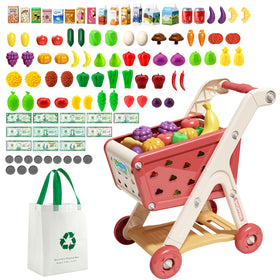 Jovow 102pcs shopping cart with pretend food for imaginative play and vocabulary