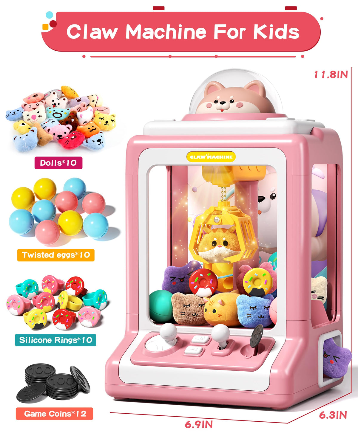 Jovow Claw Machine accessories and plush toys setup shows varied play possibilities.