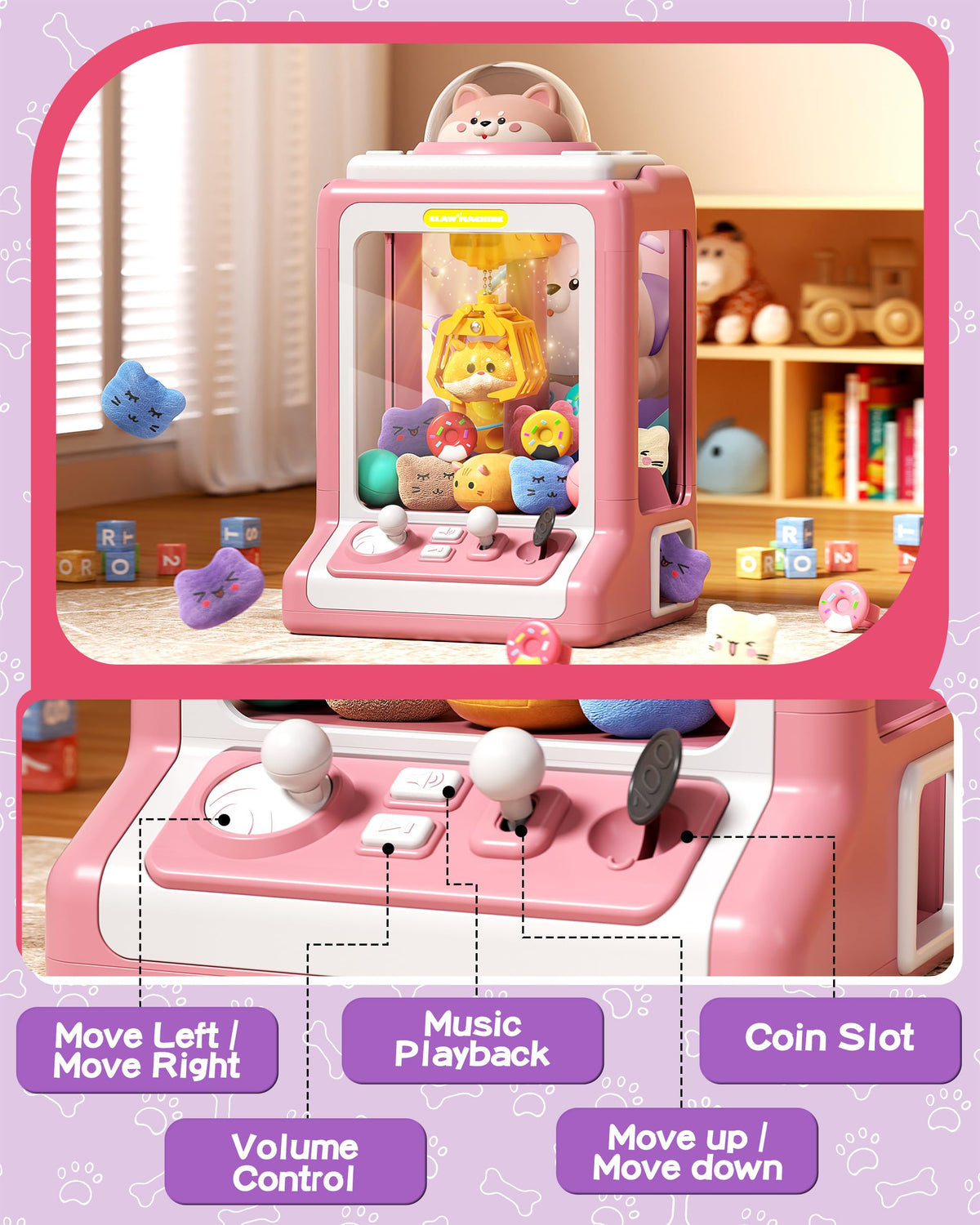 Jovow Claw Machine arcade-style play area image emphasizes family game night entertainment.