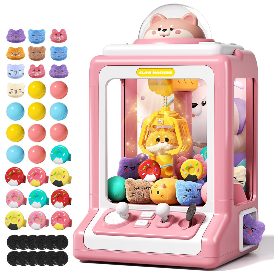 Jovow Claw Machine doggy pink front view shows kid-friendly arcade play and easy prize pickup.