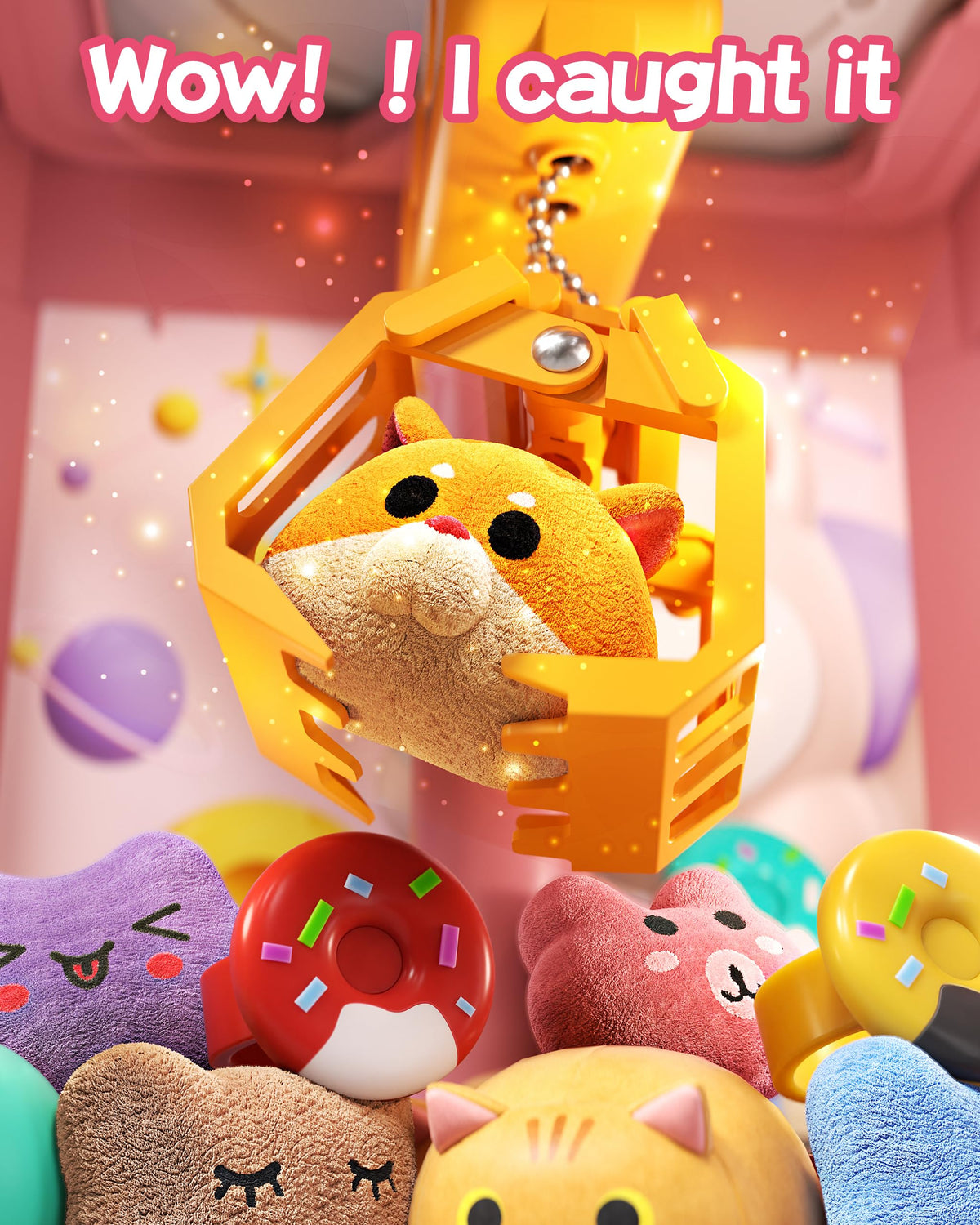 Jovow Claw Machine doggy pink side view highlights compact home fun and simple operation.