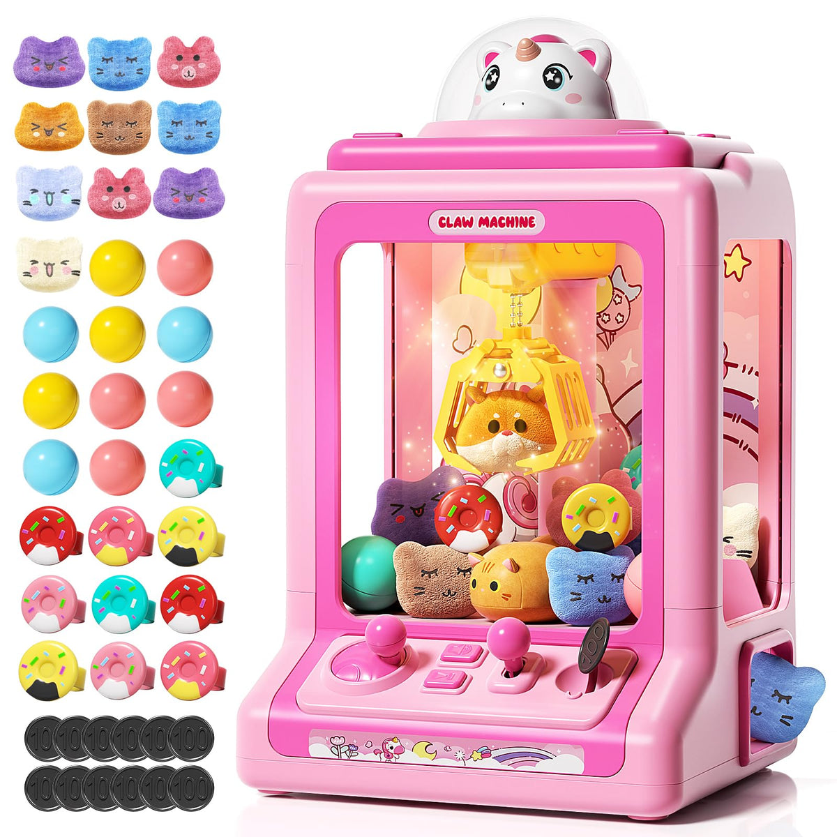 Jovow Claw Machine front view showing bright, kid-friendly home arcade setup.
