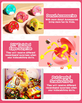 Inside Jovow Claw Machine prize chamber with plush toys, eggs, and donuts.