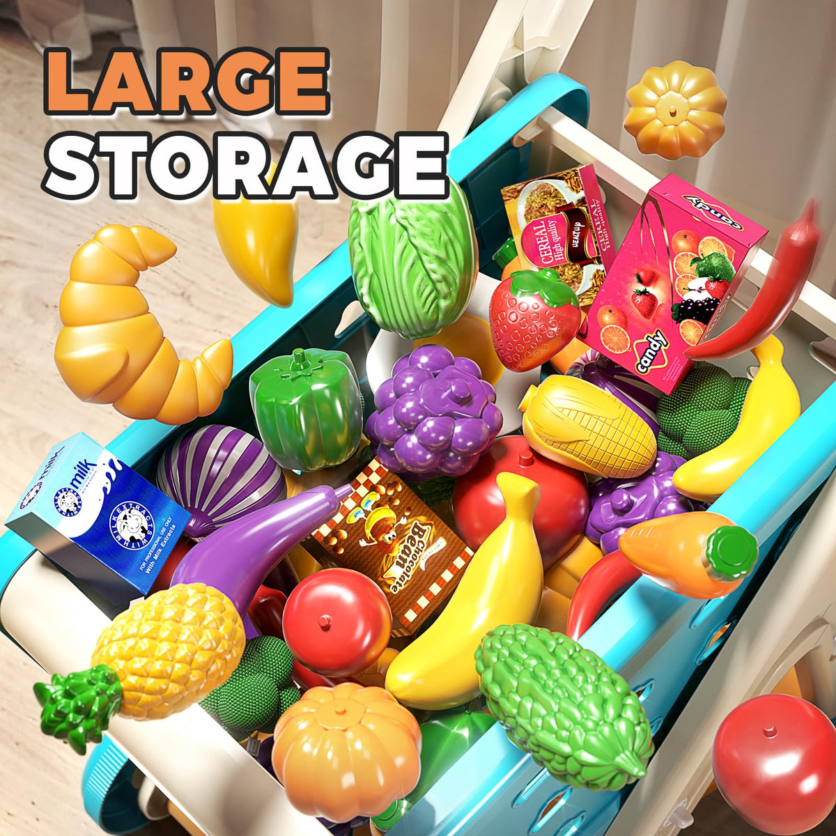 Jovow pretend food set with fruits and vegetables sparks vocabulary during play.