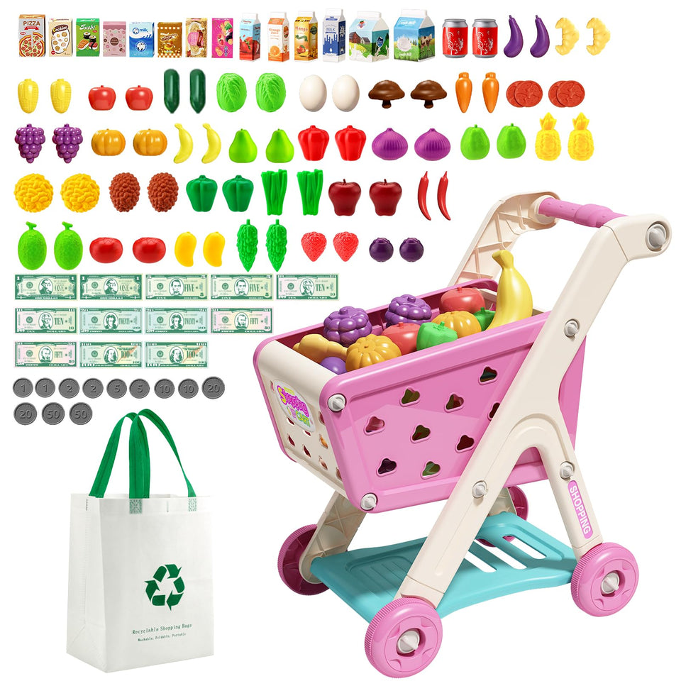 Jovow pink shopping cart assembled for imaginative play and pretend shopping adventures.