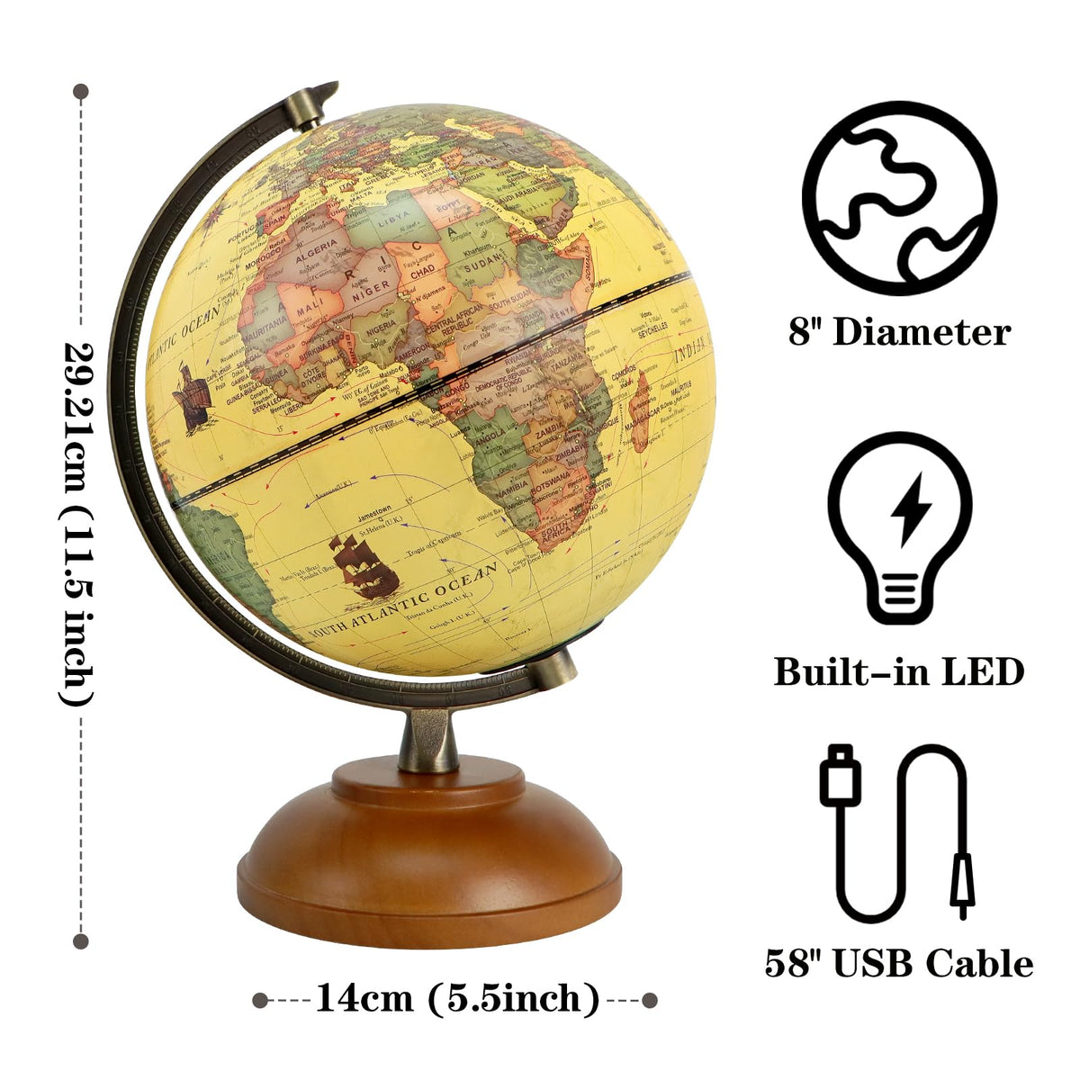 JOWHOL globe on wood stand viewed from the side for classroom inspiration.