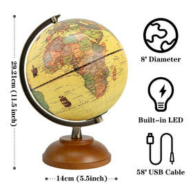JOWHOL globe on wood stand viewed from the side for classroom inspiration.