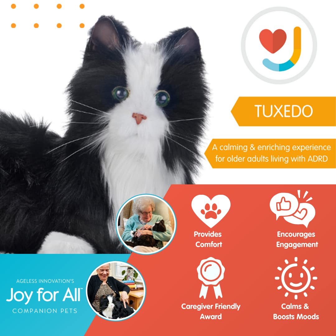 Joy For All tuxedo cat purring sound promotes calming presence.