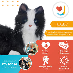 Joy For All tuxedo cat purring sound promotes calming presence.