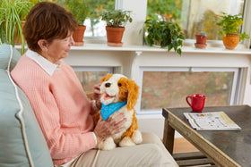 Joy For All Freckled Pup demonstrates BarkBack technology for lifelike puppy responses.