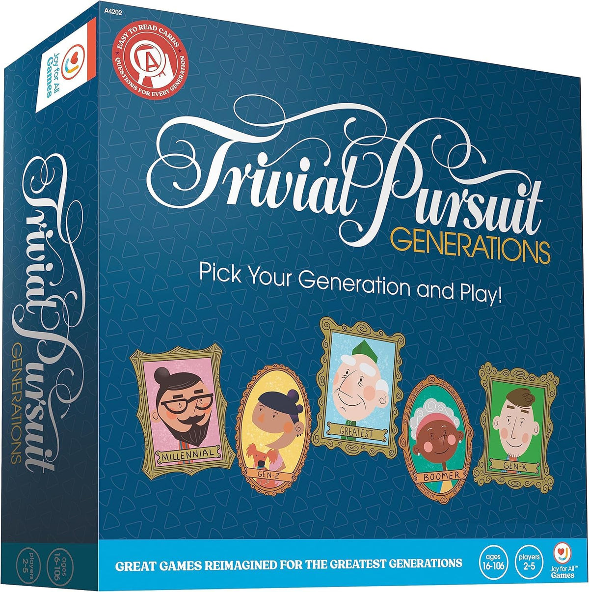 Joy for All Games Generations card design improves readability for seniors during trivia.
