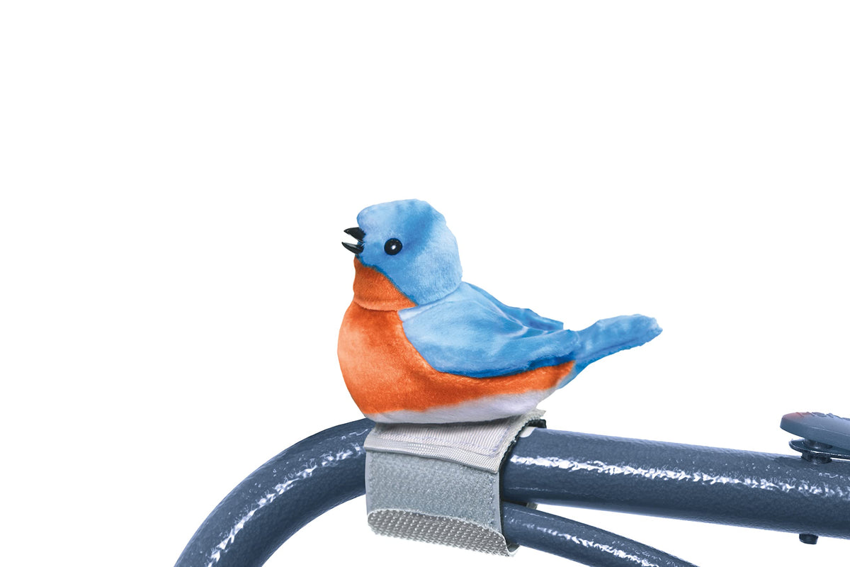 Joy For All Walker Squawker bluebird perched on a walker, promoting companionship during strolls.