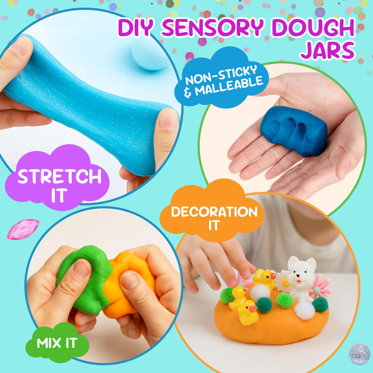 JOY SPOT! happy-yard theme dough jars invite colorful outdoor-inspired crafts