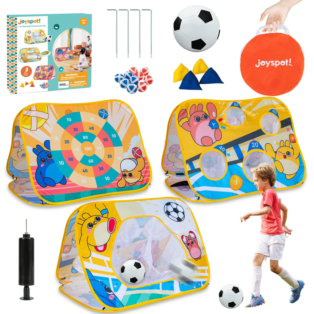 JOY SPOT Giant 3-in-1 bean bag toss board set up for backyard fun