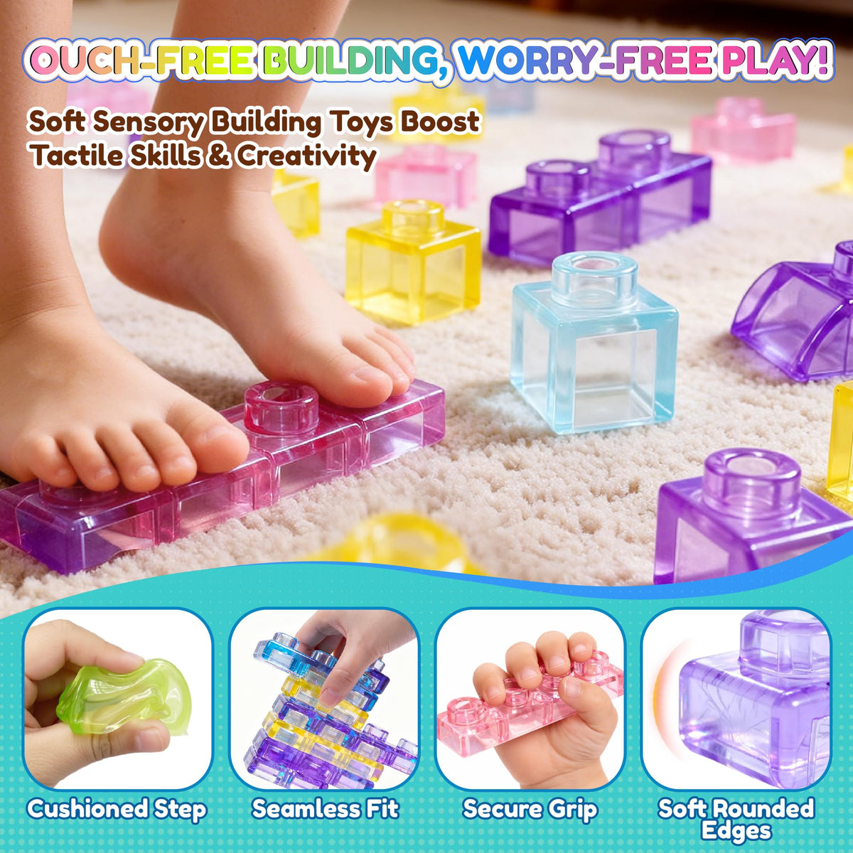 JOY SPOT Soft Blocks - colorful tactile blocks for creative stacking and sensory exploration.