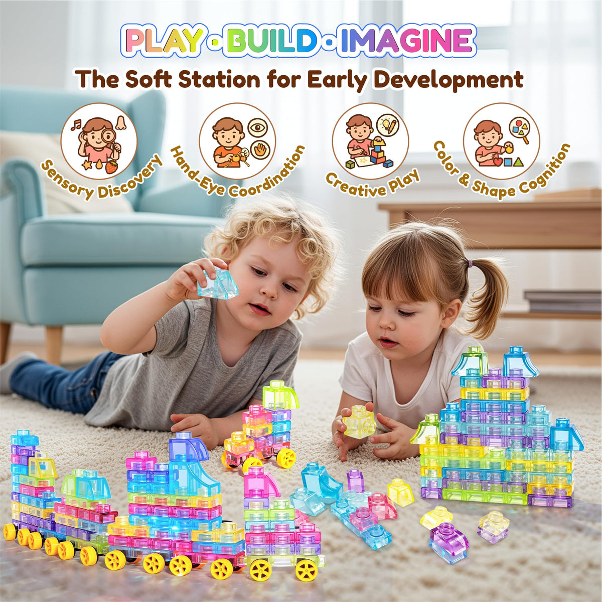 JOY SPOT Stretchable Blocks - easy to squeeze, stretch, and return to shape after energetic play.