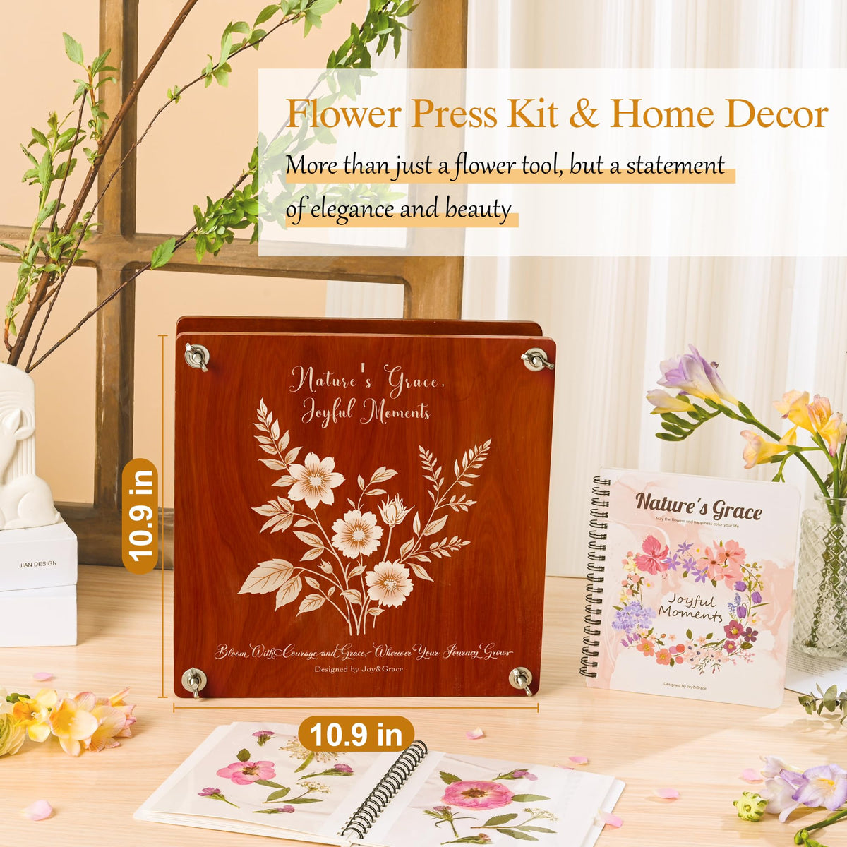 Joy&Grace flower press display album opened to show organized pressed florals