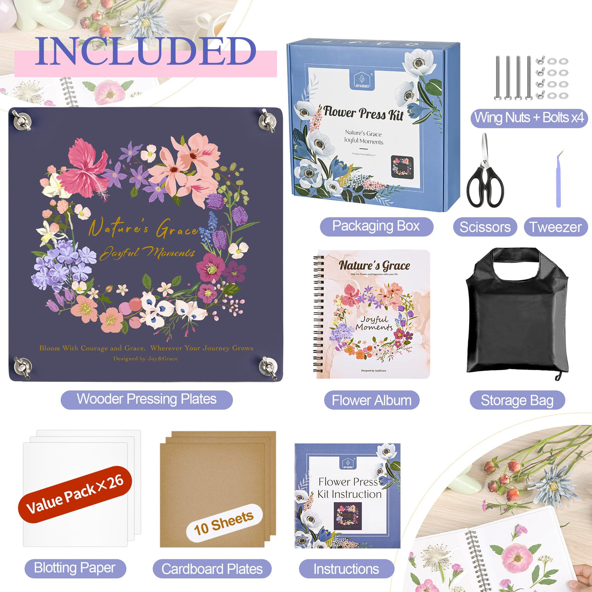 Joy&Grace flower preservation kit contents ready for creative projects and display.
