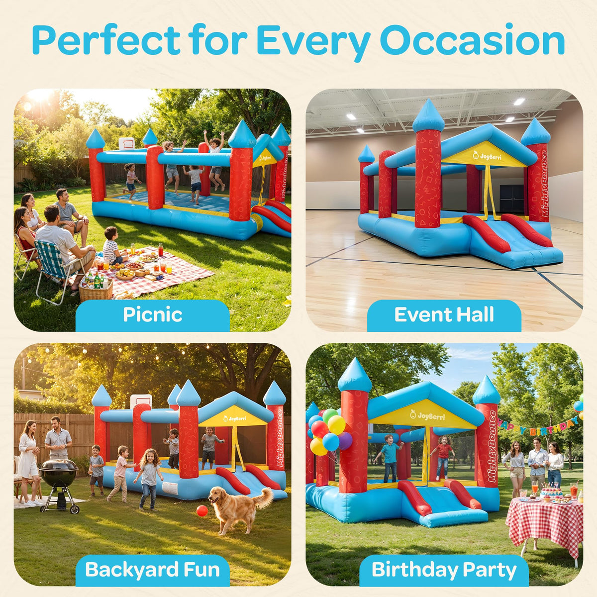 JoyBerri Mighty Bounce entry with mesh siding enhances safety and visibility during lively sessions.