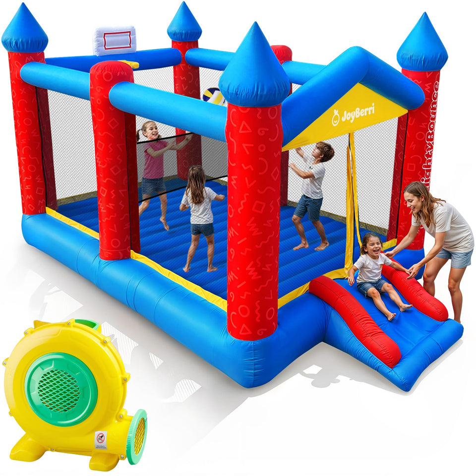 JoyBerri Mighty Bounce exterior view showing roomy playground for kids and adults alike.