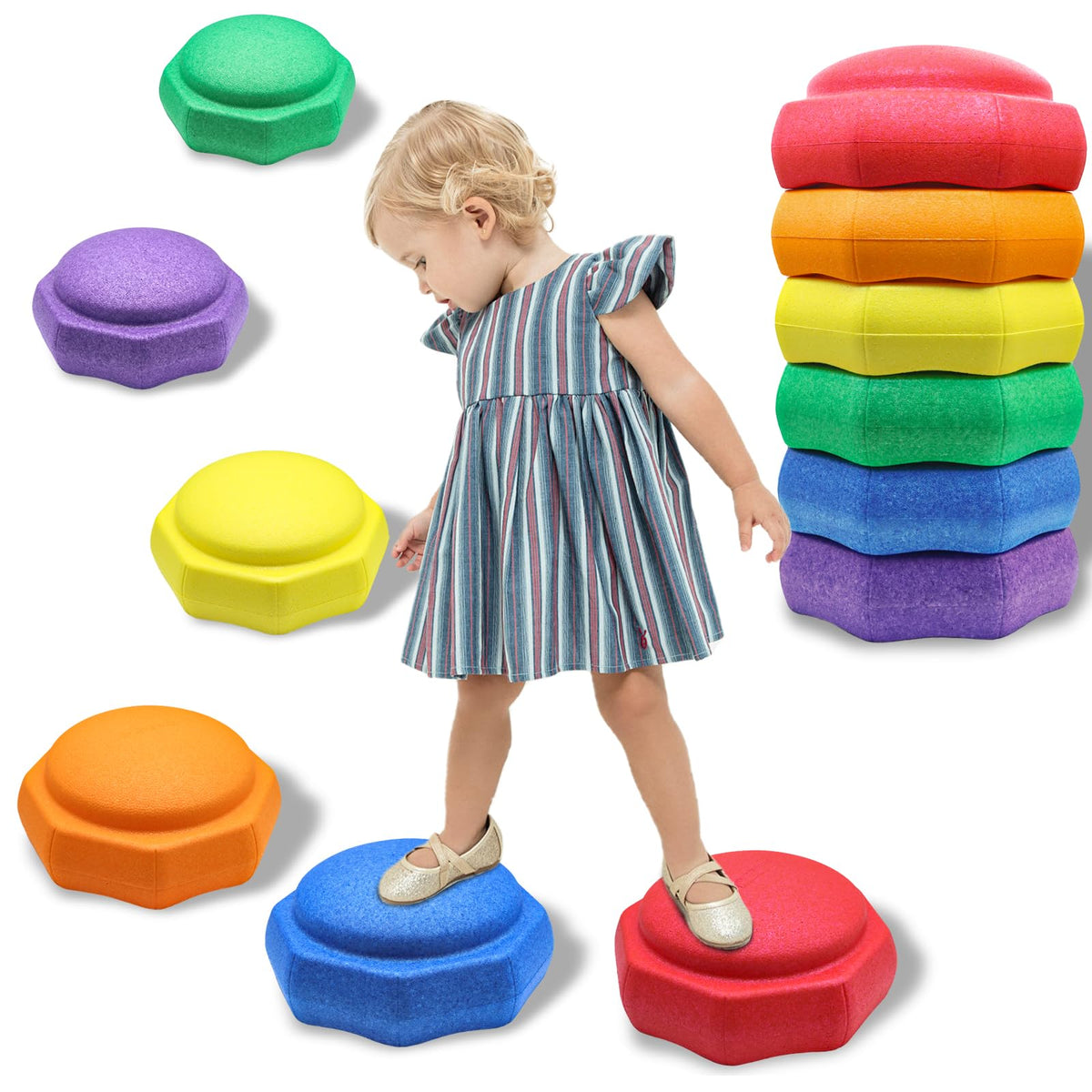 Joybond balance stones form a colorful path to boost toddler balance.