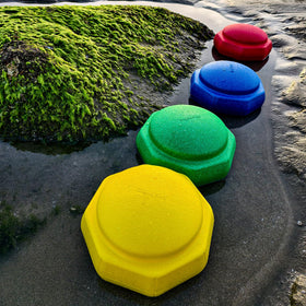 Joybond stepping stones offer versatile seating and rest during playtime.