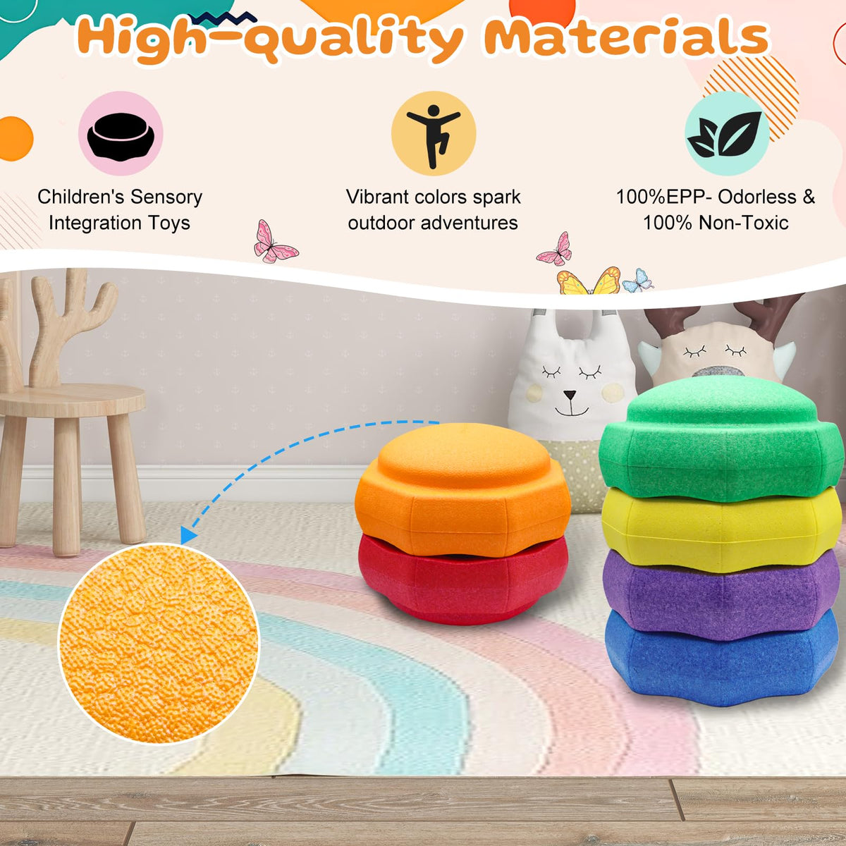 Joybond stepping stones double as color-learning organizers for tidy play.
