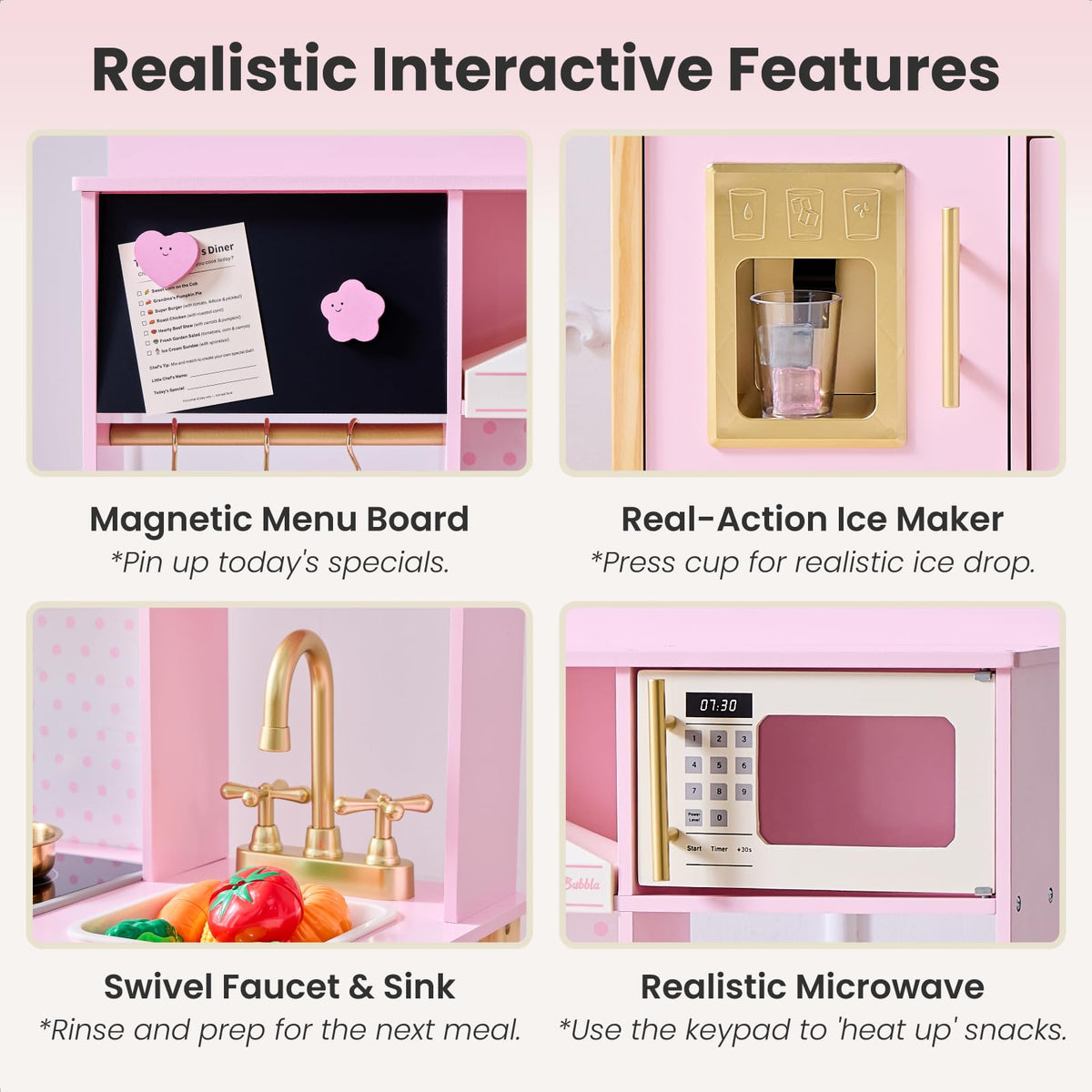 JoyBubbla pink kitchen faucet and sink offer realistic rinsing play