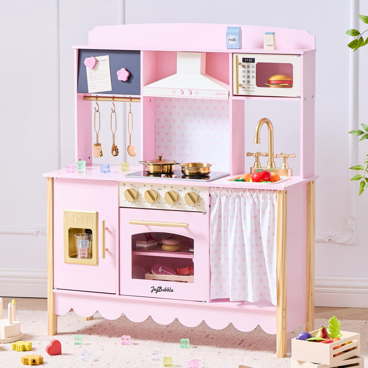 JoyBubbla pink wooden play kitchen with realistic lights sparks imaginative play
