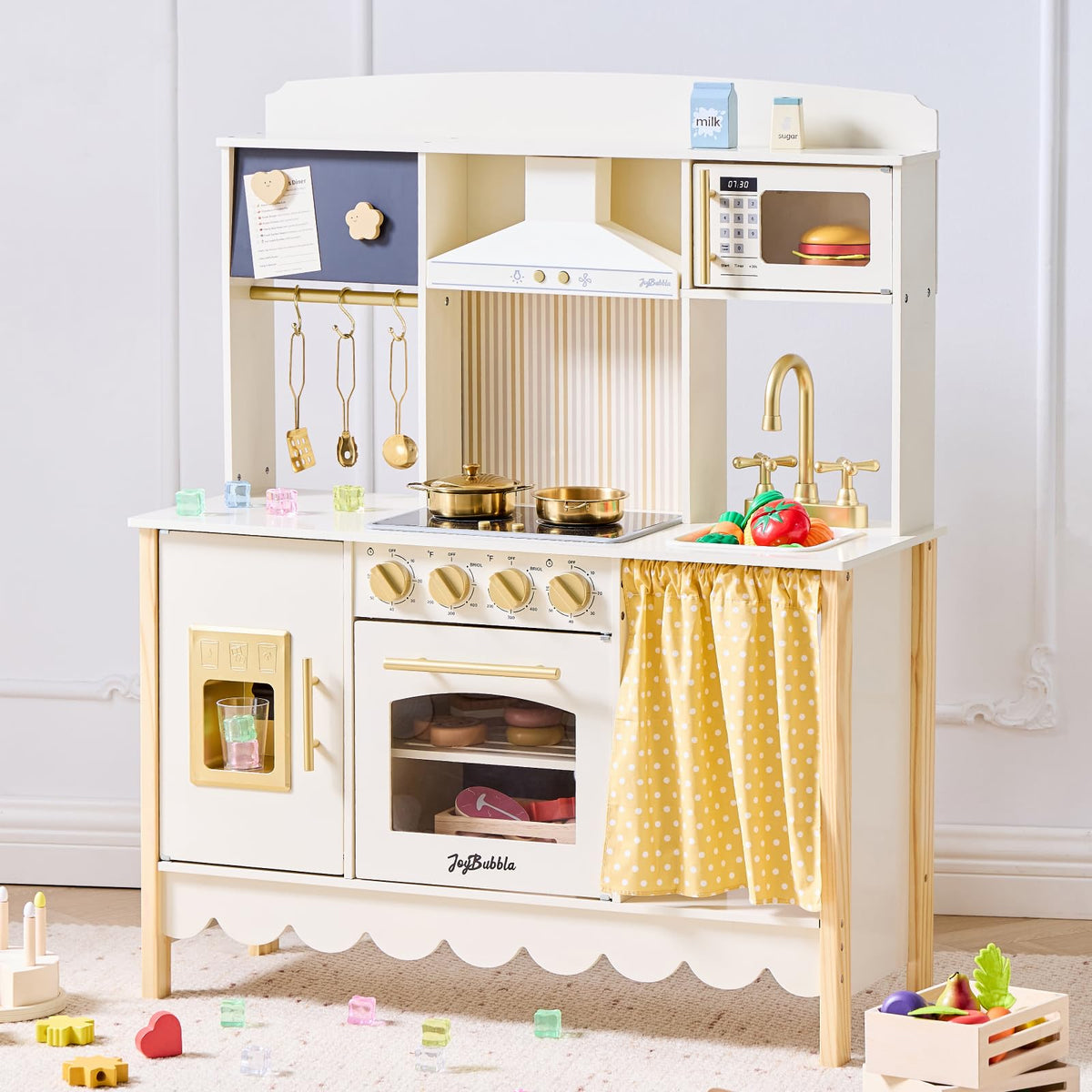JoyBubbla wooden play kitchen in cream white with full set for toddlers' pretend play