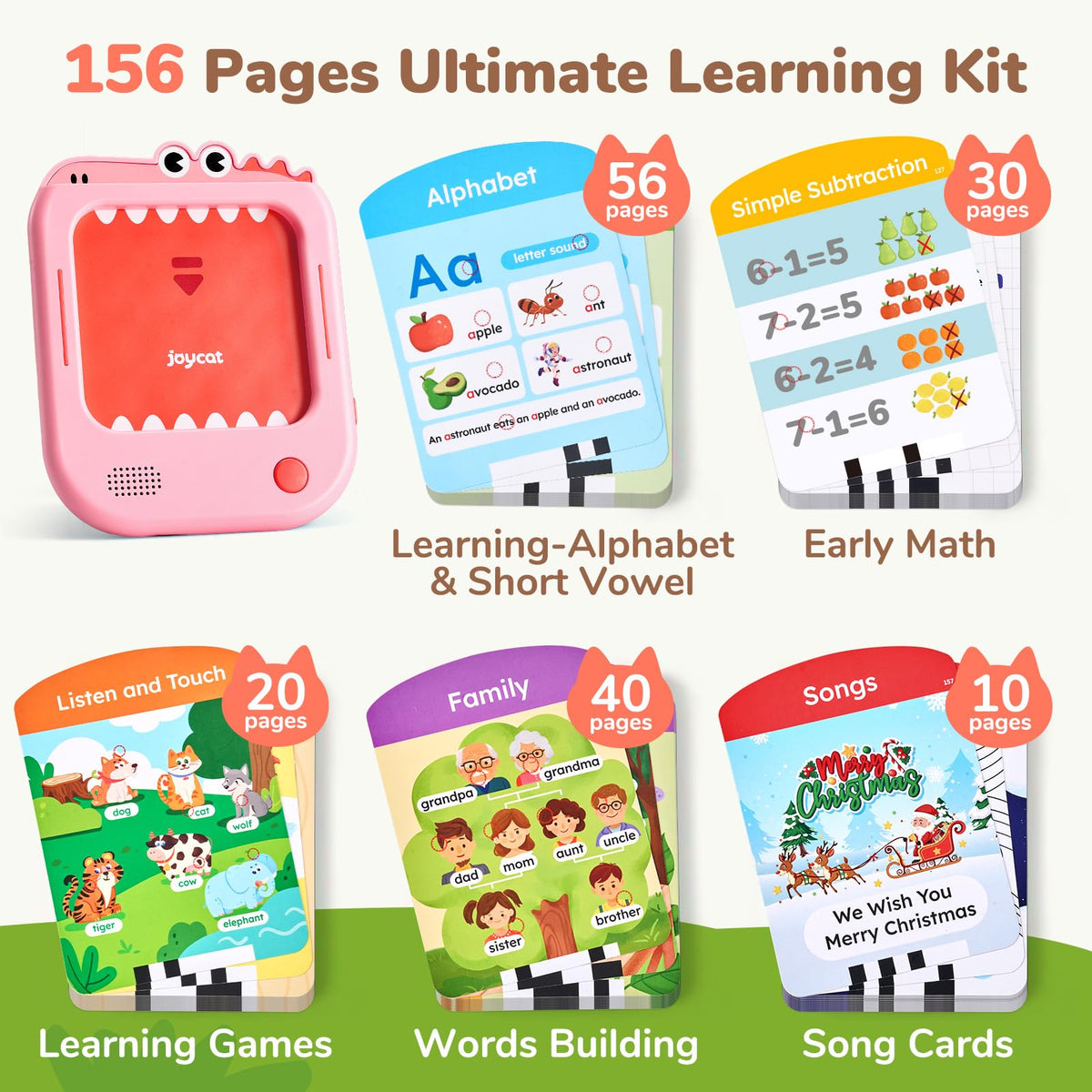 JoyCat flash cards with 156 pages for letters and math concepts.