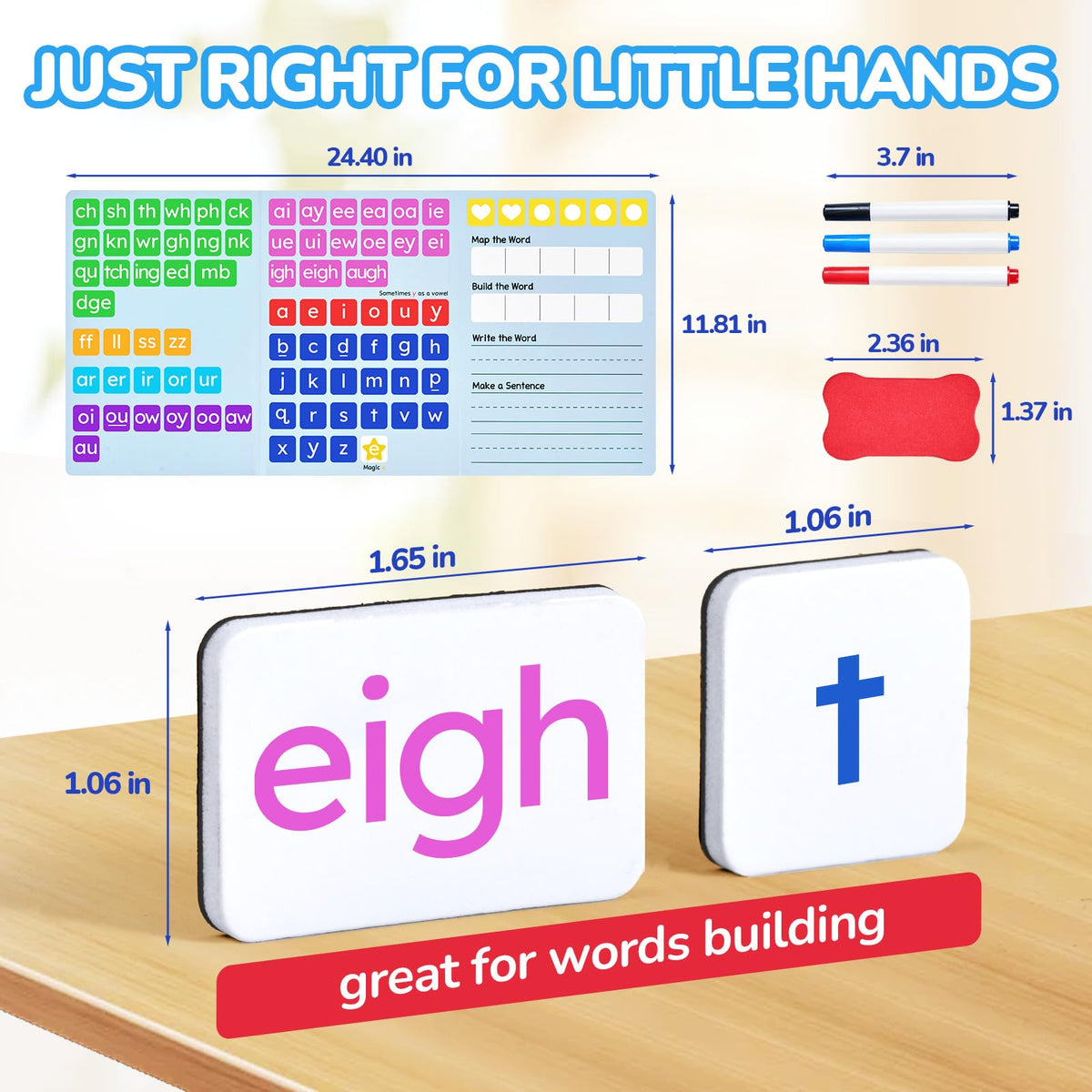 JoyCat phonics tiles arranged for classroom setup and learning centers.