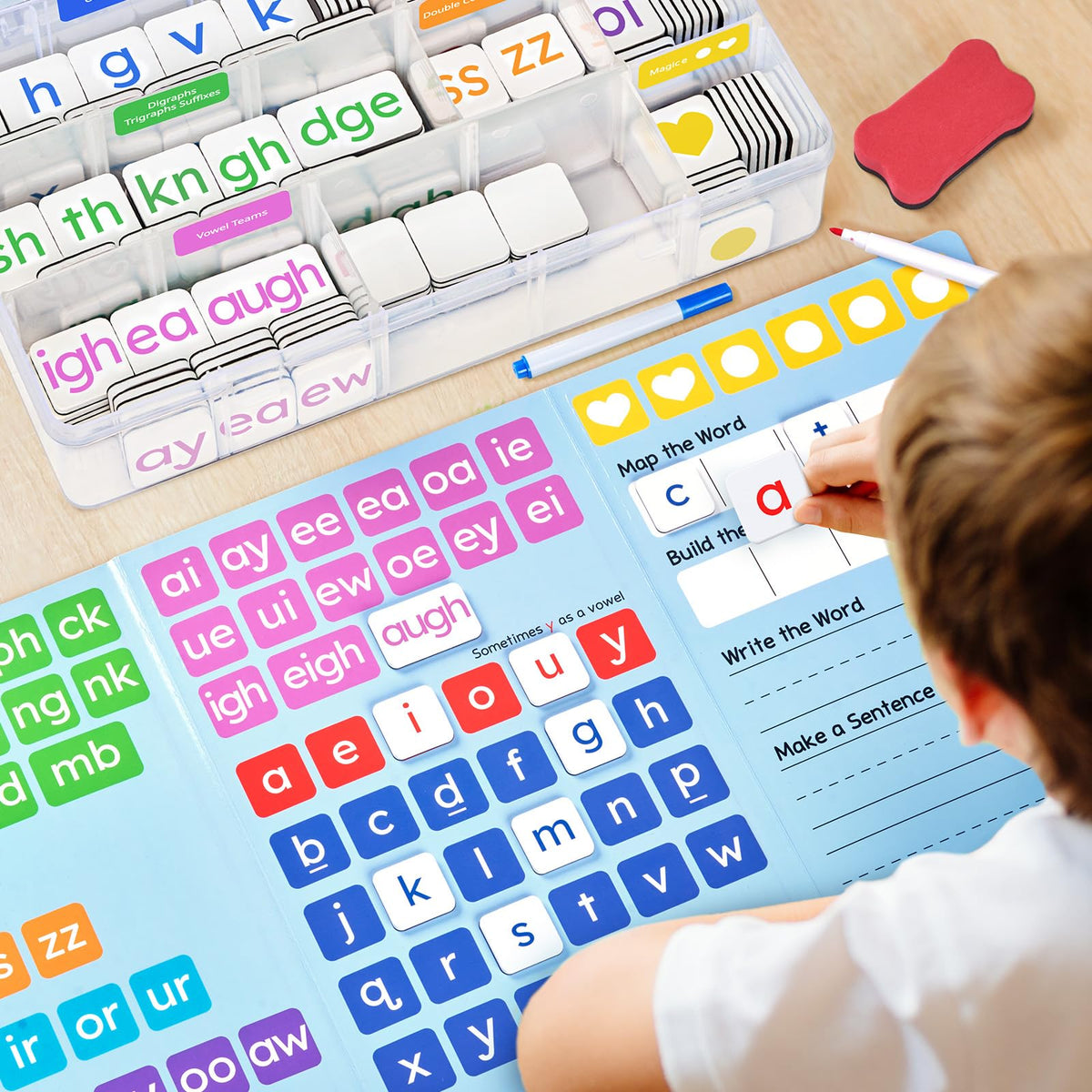 JoyCat learning kit with tiles and folders for literacy activities.