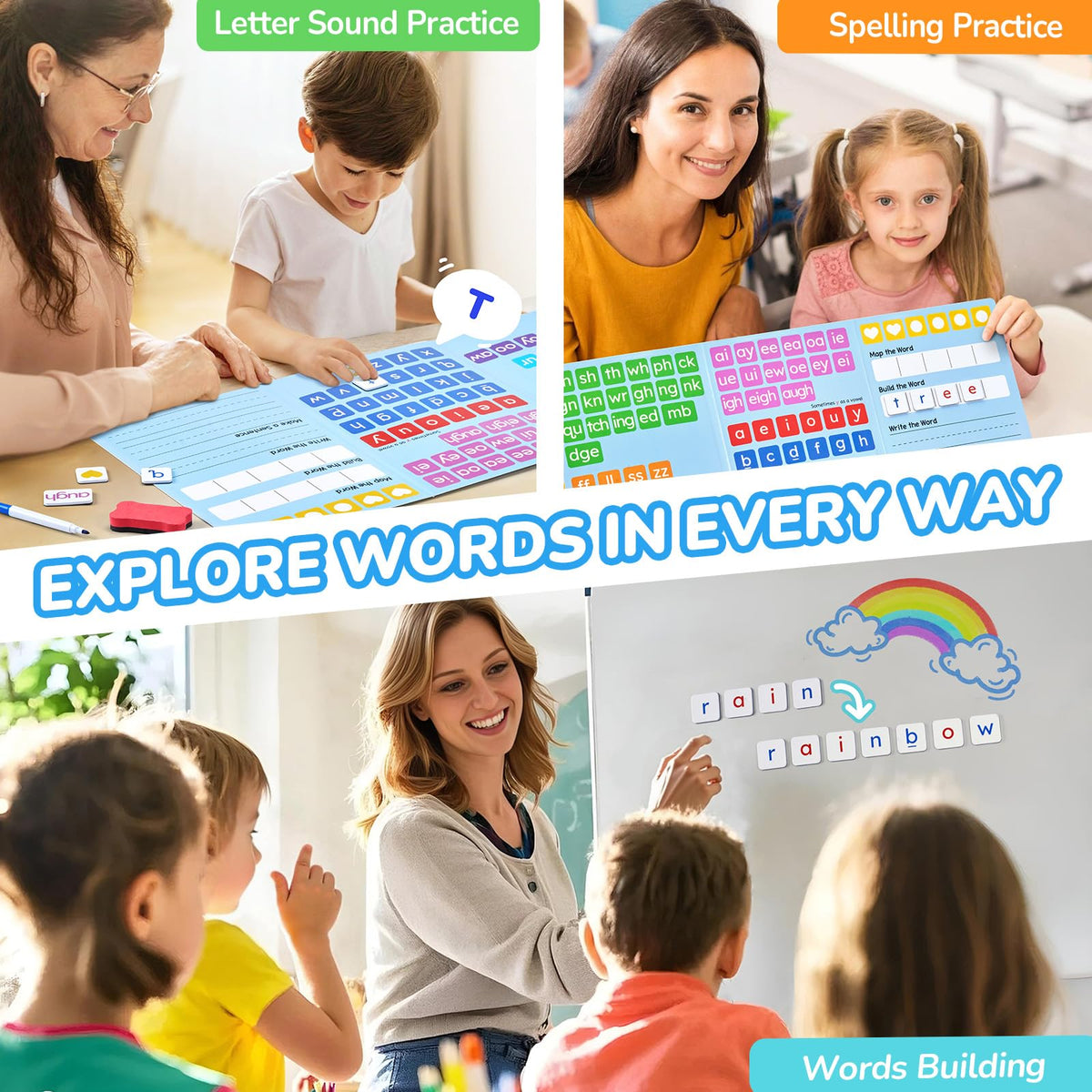 JoyCat magnetic tiles enable hands-on learning on any magnetic surface.