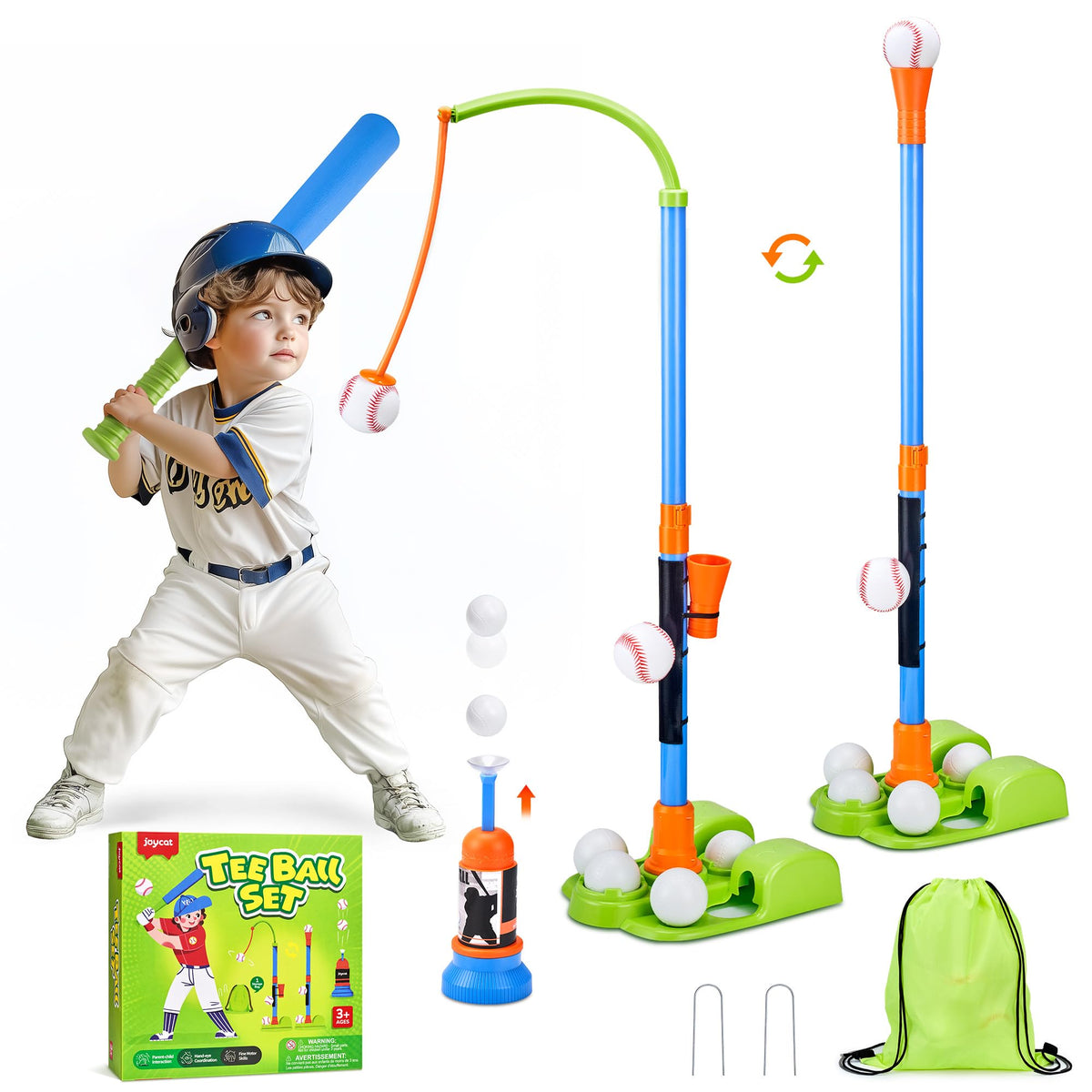 JoyCat 3-in-1 T Ball Set on a portable tee promoting early baseball skills.