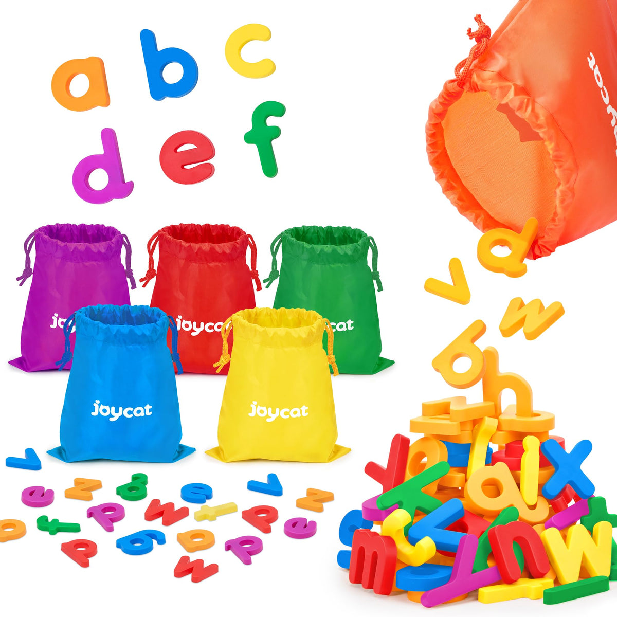 JoyCat alphabet magnets for kids, 156-piece set, ideal for spelling practice and color recognition.